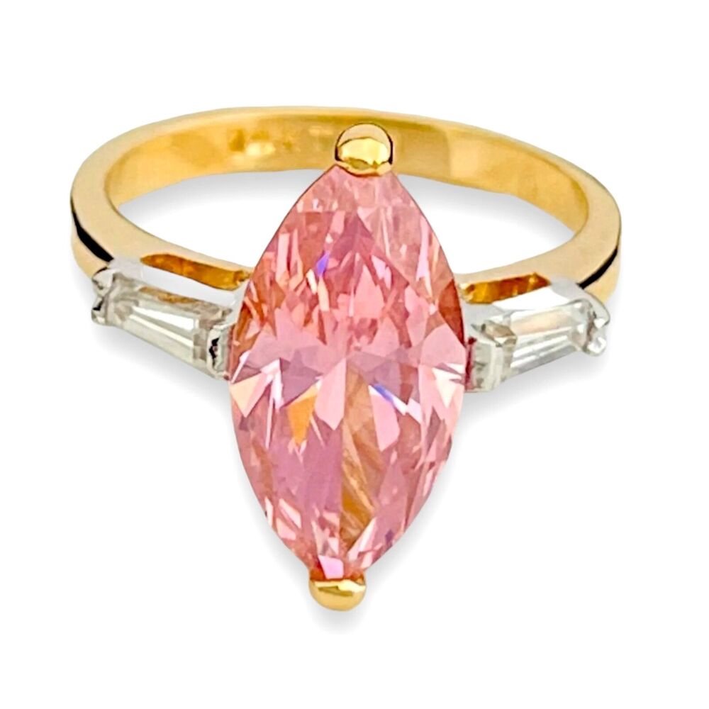 Vintage 1980s Pink Cubic Zirconia Ring Size 5 14KTGE Baguette Accents - 14C